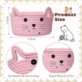 Zopeal - Cestino portaoggetti a forma di gatto con orecchie, in corda di cotone, contenitore giocattoli per la stanza dei bambini (21,1 x 11,9 cm, rosa)