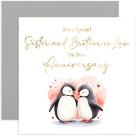 Old English Co. Wedding Anniversary Card for Sister and Brother in Law - Love Penguins Design - Special Gold Foil Wedding Anniversary Card for Them | Blank Inside