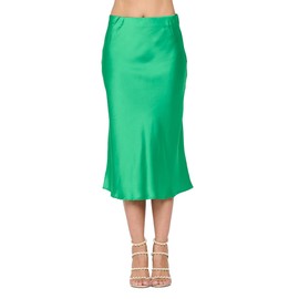 Women Solid High Waist Silky Casual Elastic Satin Midi Skirt - Made in USA(Large,Green)