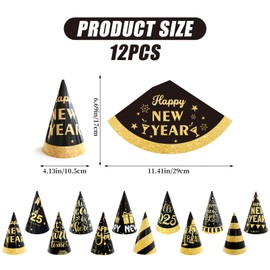 PLUSHCEWT 12 Pack Happy New Year Party Hats, Black and Gold Paper Cone Hats 2025 New Year's Eve Hats Decorative New Year's Cone Hats Countdown Party Hats