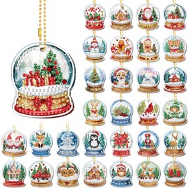 WILLBOND 30 Pcs Double Sided Christmas Diamond Art Keychain Ornaments DIY Christmas Crystal Ball Diamond Painting Keychain Kits for Adults Key Ring Art Pendant Xmas Tree Decor