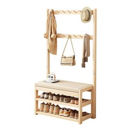 CUXAHO Solid Wood Hall Tree with Bench and Shoe Storage, Freestanding Hall Tree with Shoe Storage Mud Room Bench, Upholstered Sponge-Padded Seat, for Hallway, Bedroom, Living Room (Size : 74 * 173cm)