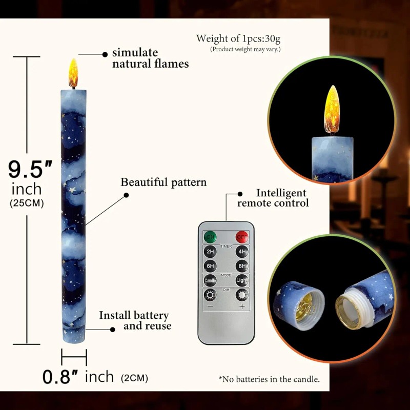 6pcs 9.5 Inch Starry Sky LED Taper Candles Battery Operated