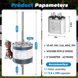 Condenser Fan Motor D1092, 1/3 HP, 115 Volts, 3.4 Amps,1675/1080 RPM, OAO Enclosure, 2-Speed RV Ac Air Conditioner Motor Replaces Fasco D1092, 7184-0156, 7184-0432, 1468-306, 1468-3069, 7855MVA-A11U