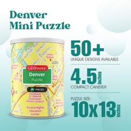 Geotoys Denver Mini City Puzzle - 100 Piece Puzzles for Kids and Adults in Portable Can, 13" x 10" Educational Travel Puzzle for Ages 7 and Up - Mini Puzzles to Learn & Explore Geography