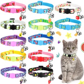 Frienda 12 Pcs Spring Summer Breakaway Cats Collars for Cats Girl Cat Collars with Bell and Summer Fruit Patterns Pendants, Safety Adjustable Collar Set for Pets Decoration(Small)