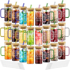 Uiifan 24 Pcs Appreciation Gifts Thank You Glasses Gifts Team Gifts Bulk 13.5oz Drinking Cups with Lids Straws Square Iced Coffee Glasses for Employee Coworkers Teacher Women (Thank Theme)