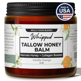 Really Good Blends Bálsamo de sebo batido con miel de manuka – 4 onzas | Mantequilla corporal que estimula el colágeno | Sarga de res para la piel | Hidratante facial y corporal | Hecho en Estados