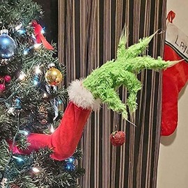 Christmas Elf Body Decorations Elf Arm for Christmas Tree Christmas Thief Stole Furry Green Arm Burlap Pose-able Plush Arm for Tree Tree Topper (Elf Arm)