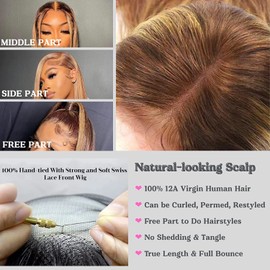 ALHER Honey Blonde Highlight Small Cap 13x4 Lace Front Human Hair Wigs Pre Plucked with Baby Hair Straight 4/27 Balayage Color Transparent Lace Frontal Wig Soft Thick 12A Brazilian Remy Hair 14 Inch