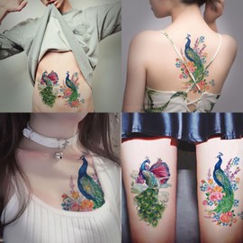 Nirbffo Large Temporary Tattoos Peacock Flowers Legs Arm Belly Back Waterproof Sticker 4 Sheets