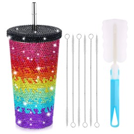Mimorou Studded Bling Diamond Tumbler Glitter Water Bottle with Lid Stainless Steel Vacuum Thermal Straw Rhinestone Tumbler with 1 Pcs Cup Brush 6 Pcs Straw Brushes for Women(rainbow Color,16.9 Oz)