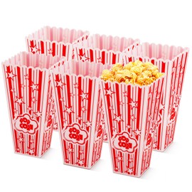 Plastic Popcorn Containers,36oz Reusable Classic Popcorn Buckets for Movie Night,Red and White Plastic Popcorn Bowl for Party (6)