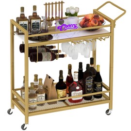 LAATOOREE Bar Cart, Two-Color Home Bar Serving Cart, Mobile Drink Beverage Cart with 2 Storage Shelves, Rolling Kitchen Cart with Wine Holder and Glass Holder, for Dinning Room, Living Room, Kitchen