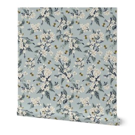 Peel & Stick Wallpaper Swatch - White Floral Light Blue Spring Summer Medium Bees Flowers Custom Removable Wallpaper by Spoonflower