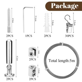 Huucozn 5m Wandhalterung Set mit 30 Stück Metall Clips Haken Einstellbar Stahlseil Gardinenseil Edelstahl Vorhangdraht Gardine Stahlseil für Vorhang Wäscheleine Spanndraht Foto-Draht Duschvorhänge