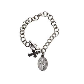 Saint Francis of Assisi Patron Saint of Animals Merchants and Ecology Loop Link Circle Stainless Steel Bracelet with Silver Plated Medal Toggle Closure and Blessed Prayer Card