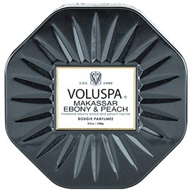 Voluspa Makassar Ebony & Peach Candle | 3 Wick Tin |Coconut Wax for Clean Burning | 12 Oz.