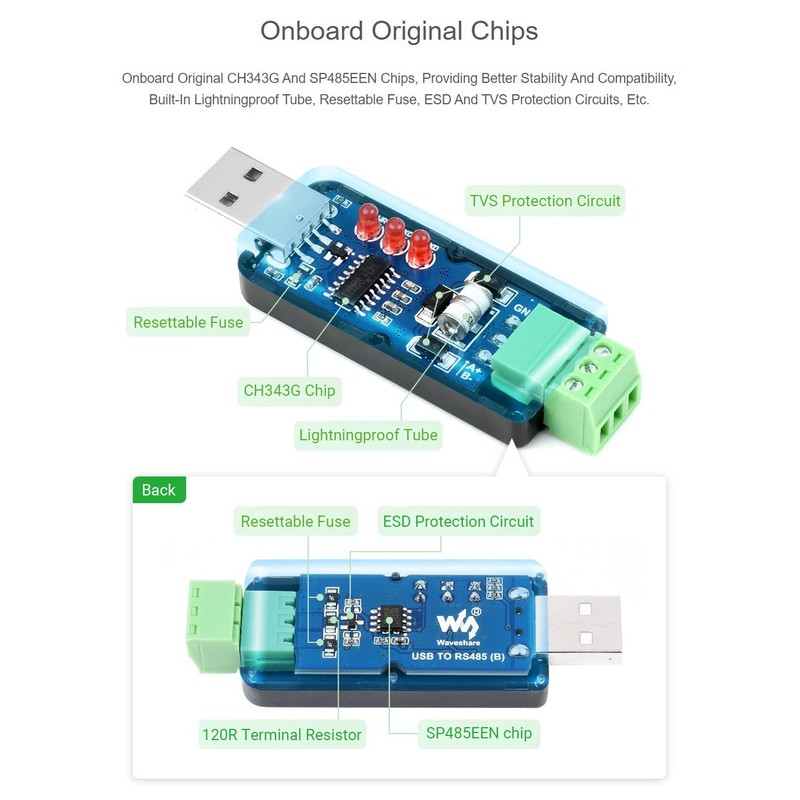 Waveshare Industrial USB TO RS485 Bidirectional Converter (2 Pieces), Onboard