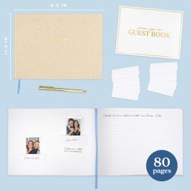 ELYN Linen Guest Book, Sign in Book for Wedding Reception, Birthday, Baby Shower & Events, Matching Gold Gel Pen, Photo Pockets & Table Sign, 80 Pages (Blank & Lined), Large, 11.5 in x 8.5 in (Grey)