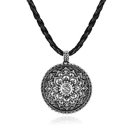 PiercingJak Black PU Leather Chakra Necklace Lotus Flower Necklace Om Ohm Aum Symbol Yoga Pendant Necklace Spiritual Jewelry Gifts for Men