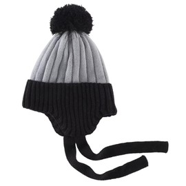 Connectyle Toddler Boy's Beanie Hat with Ear Flaps Kids Peruvian Winter Hat Warm Pompom Knit Hat Grey+Black S