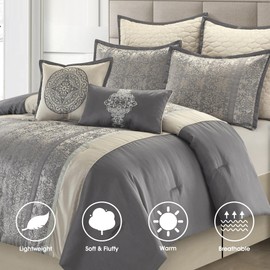 LANCO MODERN LIFESTYLE California King Size Comforter Set, Grey Beige, Traditional Jacquard Woven Soft Fabrics, 8 Pieces Bedding Set with Bed Skirt, Pillow Shams and Decorative Pillows