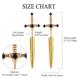Aroncent Goth Accessories Sword Earrings: Gothic Punk Stainless Steel Cool Cubic Zirconia Gold Dagger Screw Back Stud Spike Earrings for Men Women