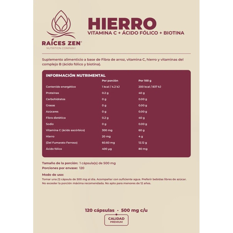 Hierro Vitamina C + Ácido Fólico Biotina Raíces Zen 120