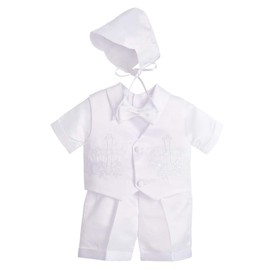 Dressy Daisy Infant Baby Boys Christening Clothing Baptism Outfits White Suit Set with Bonnet Size 6-9 Months, Short Sleeve 027