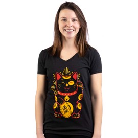 Maneki-Neko Lucky Cat - Cool Japanese Good Luck Charm V-Neck T-Shirt for Women-(Vneck,S) Vintage Black