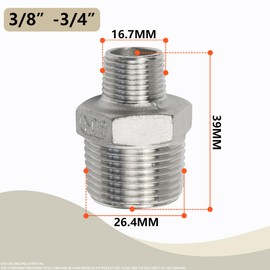 Bwintech 3 Pieces 3/8 Inch Male Thread to 3/4 Inch Male Thread BSP Thread Stainless Steel 304 Hex Bushings Reducer Connector for Conversion of Pipe Connections