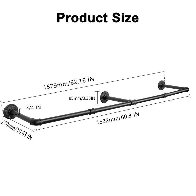 Jeasor Industrial Iron Pipe Clothes Hanging Bar DIY Wall-Mounted Garment