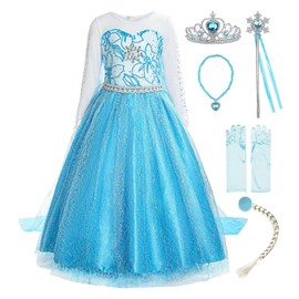ReliBeauty Girls' Princess Snowflake Cute Neck Dress Costumes, Blue (with Accessories), 130