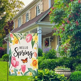 zeevly Hello Spring Floral Garden Flag 12x18 Inch Double Sided Tulip Daffodil Butterfly Small Burlap Yard Flag for Outside