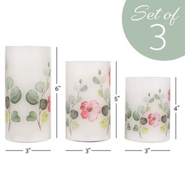 Elanze Designs Floral Pink and Green 6 inch Wax LED Flameless Pillar Candles Set of 3