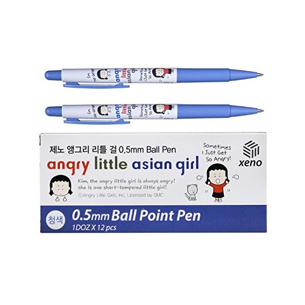 Xeno Angry Little Asian Girl Cartoon Character 0.5mm Ball Point Pen, LOW Viscosity Ink (Blue 12pcs)