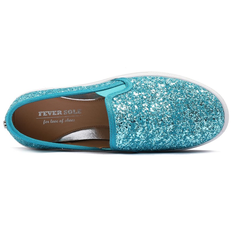FEVERSOLE Mocasines planos informales para mujer, Plataforma turquesa con purpurina,