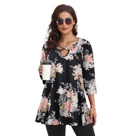LARACE Criss Cross Tops for Women 3/4 Sleeve V Neck T-Shirts Plus Size Tunic for Leggings Floral Blouse Fall Clothes(A-Black05 3X)
