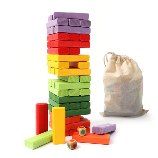 GSE 54-Piece Multi-Color Mini Tumbling Timbers Game for Kids, Wooden Blocks Stacking Floor Game Set, Colorful Tower Building Blocks Balancing Game for Boys Girls - Build to Over 1.8ft