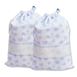 FILET - Set 2 Sacchetti Porta Corredino da Ricamare, Chiusura a Coulisse, in Piquet di Cotone Bianco Stampa Cuori, Dim. 27 x 35 cm, Made in Italy, Cielo