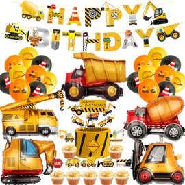 Digger Decoration Children's Birthday Party Balloons - 32 Pieces Construction Sites Happy Birthday Banner Crane Concrete Mixer Foil Balloons for Decoration for Children's Birthday Construction Site