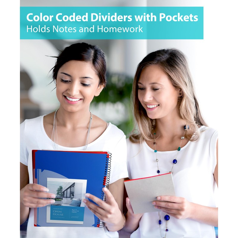 Dunwell 5-Subject Notebook, College Ruled, Colorful Movable Pocket Dividers with