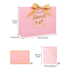 Sweet 16th Birthday Gift Bag for Girls, Pink 16th Gift Bag with Tissue Paper and Cards