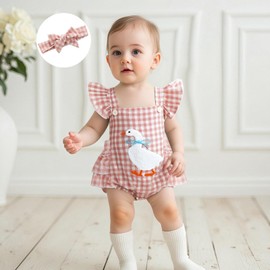 Honganda Cute Baby Girl Summer Romper Flying Sleeve Backless Goose Embroidery Plaid Bodysuit Onesie with Headband (Pink, 3-6 Months)