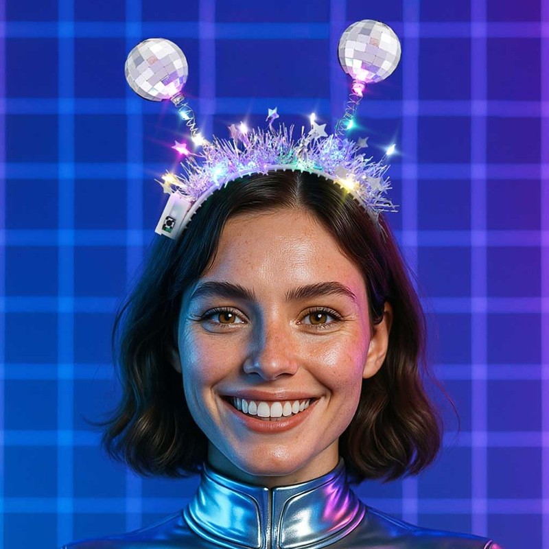 DRESBE Light Up Alien Headband Silver LED Disco Ball Headbands