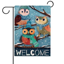Hzppyz Welcome Winter Owls Bird Garden Flag Double Sided, Animals Snowy Tree Branches Decorative House Yard Lawn Outdoor Small Decor, Christmas Farmhouse Burlap Seasonal Home Outside Decoration 12x18