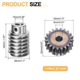 sourcing map #45 Steel Worm Gear Set 20T 1.5 Module 20:1 Reduction Rate, Right Rotation Drive Gear Box Wheel Reduce Transmission Part (Gear-8mm Bore 33 mm OD, Rod 10mm Bore)