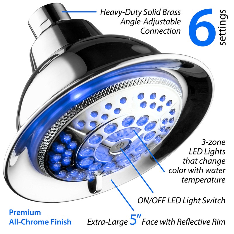 Hotel Spa 6-setting 5" Rechargable LED Shower Head with Light
