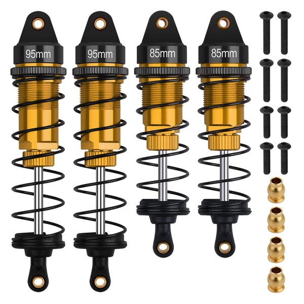 4Pcs RC Shocks Set 1:10 Scale 85mm Front Shock & 95mm Rear Shock Absorber Set Replacement Parts Compatible with 1/10 1/12 WLtoy Kyosho Tamiya Losi RC Buggy/Rally Racing Cars (Gold)